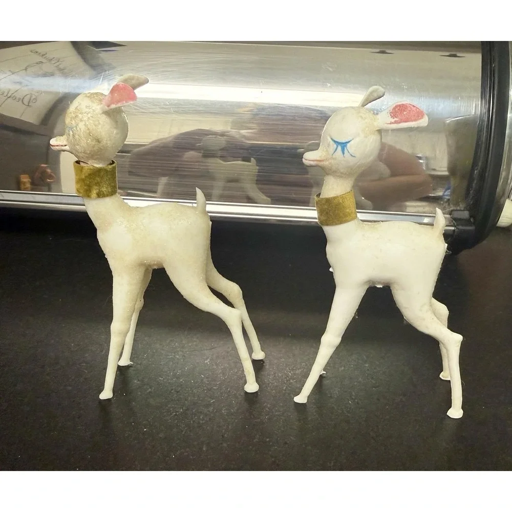 2 Vintage 1950's Hard Plastic the Reindeer Christmas Figurines Ornaments
